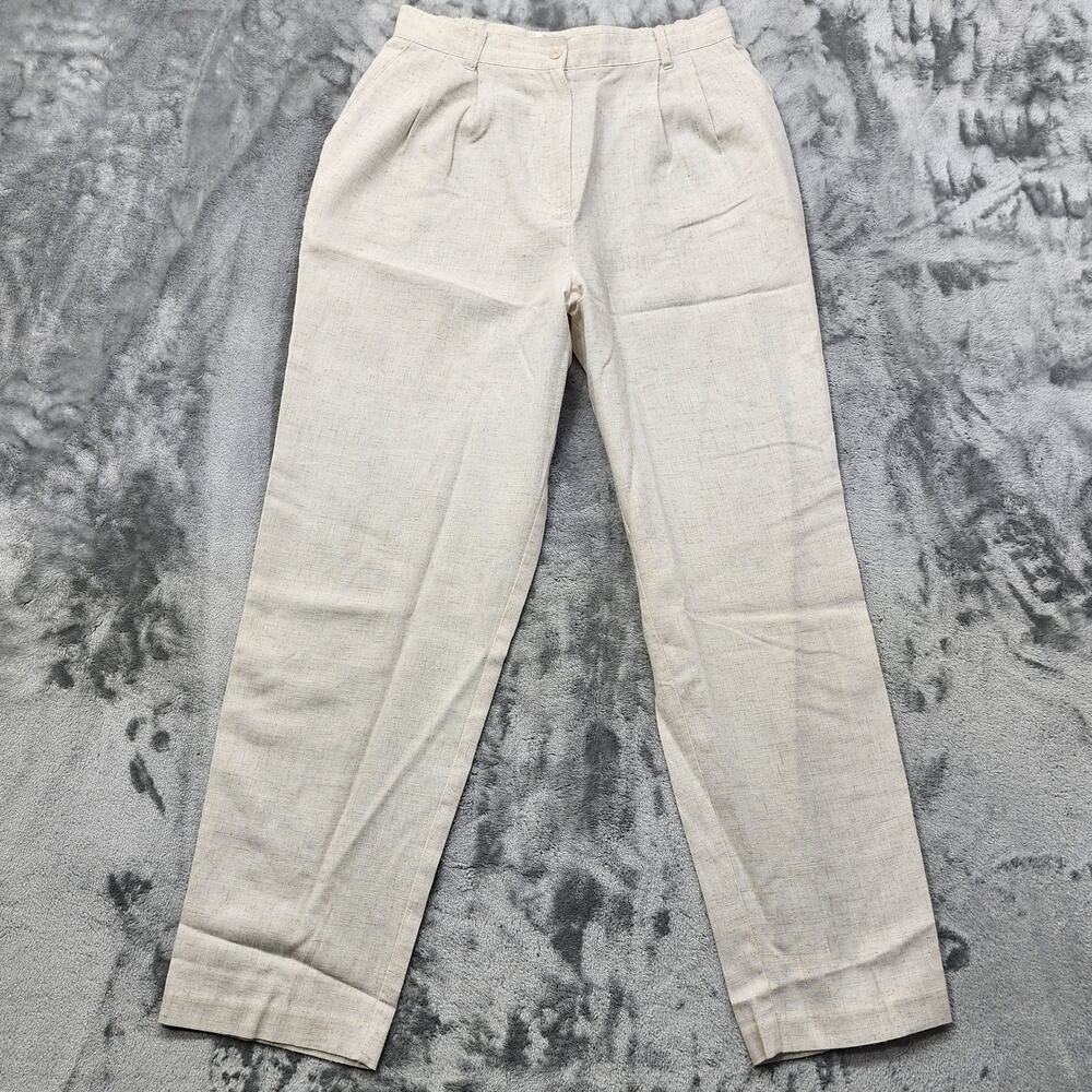 Vintage Sag Harbor Pants Womens 12 Tan Linen‎ Blend Pleated High Rise Tapered